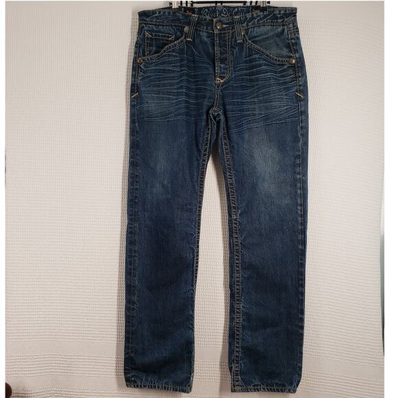Rivet De Cru Jeans Mens 38 Blue Denim Straight Leg Button Fly Distressed Grunge - Picture 1 of 16